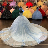 Sky Blue Off-Shoulder Ball Gown with 3D Floral Appliques & Sweep Train Perfect for Quinceanera & Sweet 16